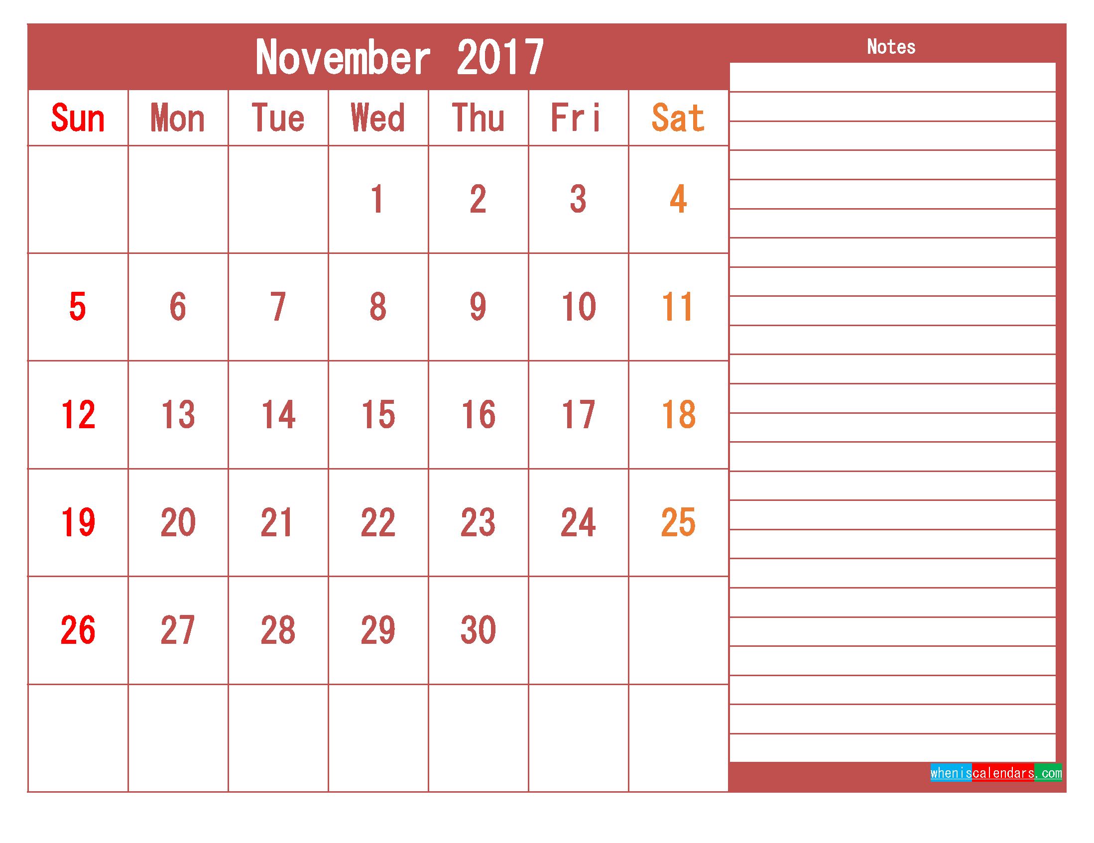 November 2017 Calendar A4