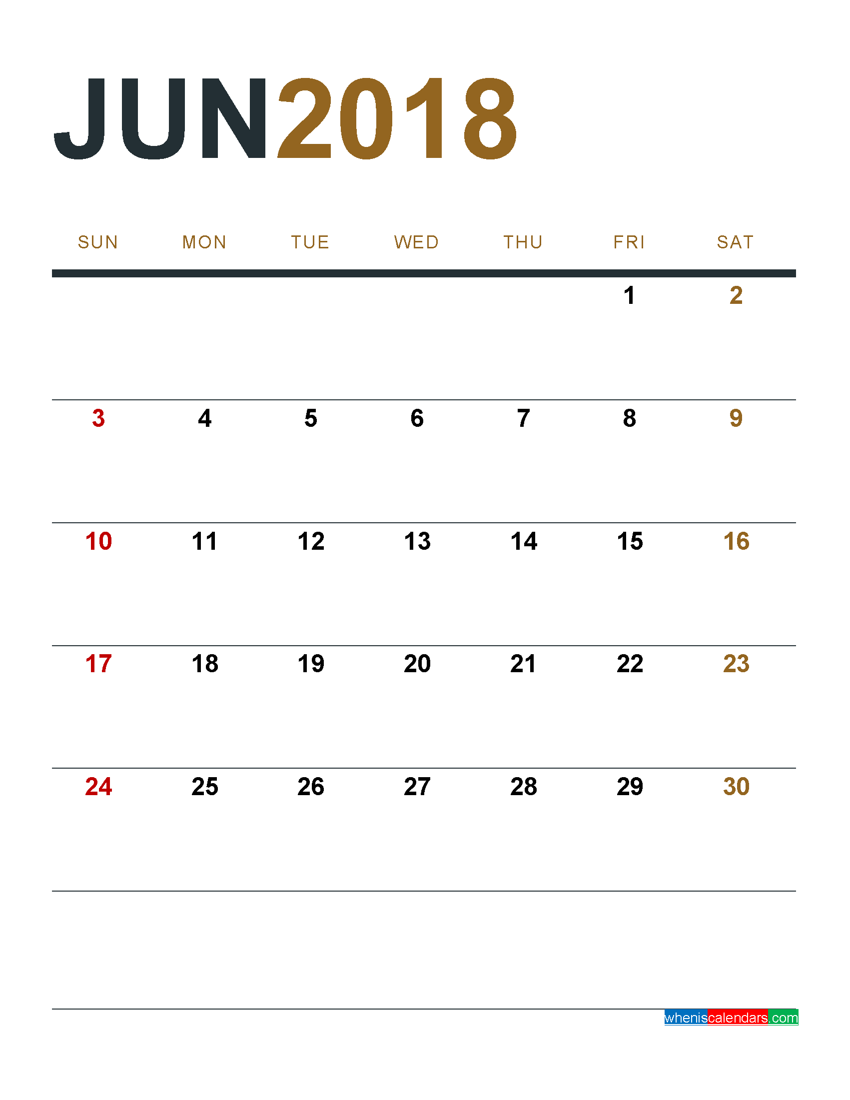 June 2018 Calendar Printable As Pdf And Image 1 Month 1 Page Free