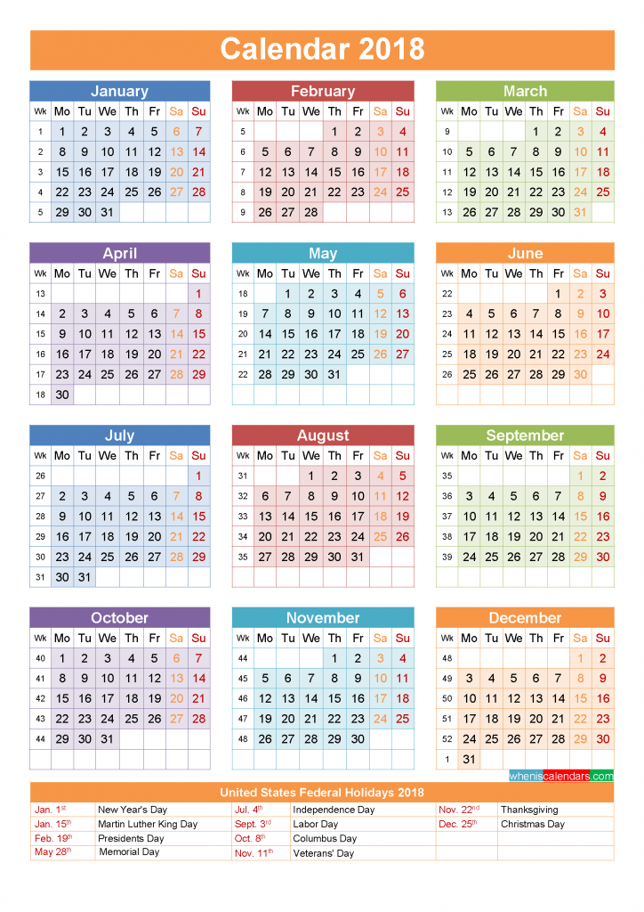 2018 Calendar With Holidays Printable As Pdf And Image