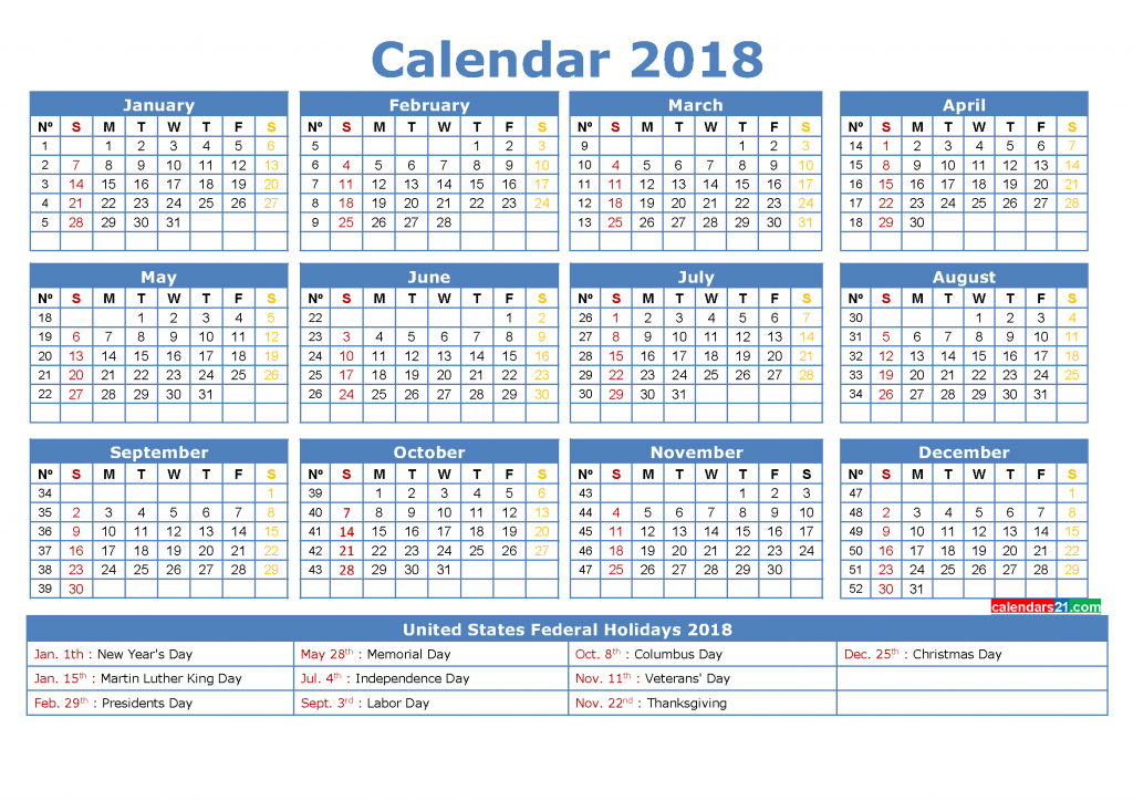 12 Month Calendar 2018 Printable With Holidays In US 