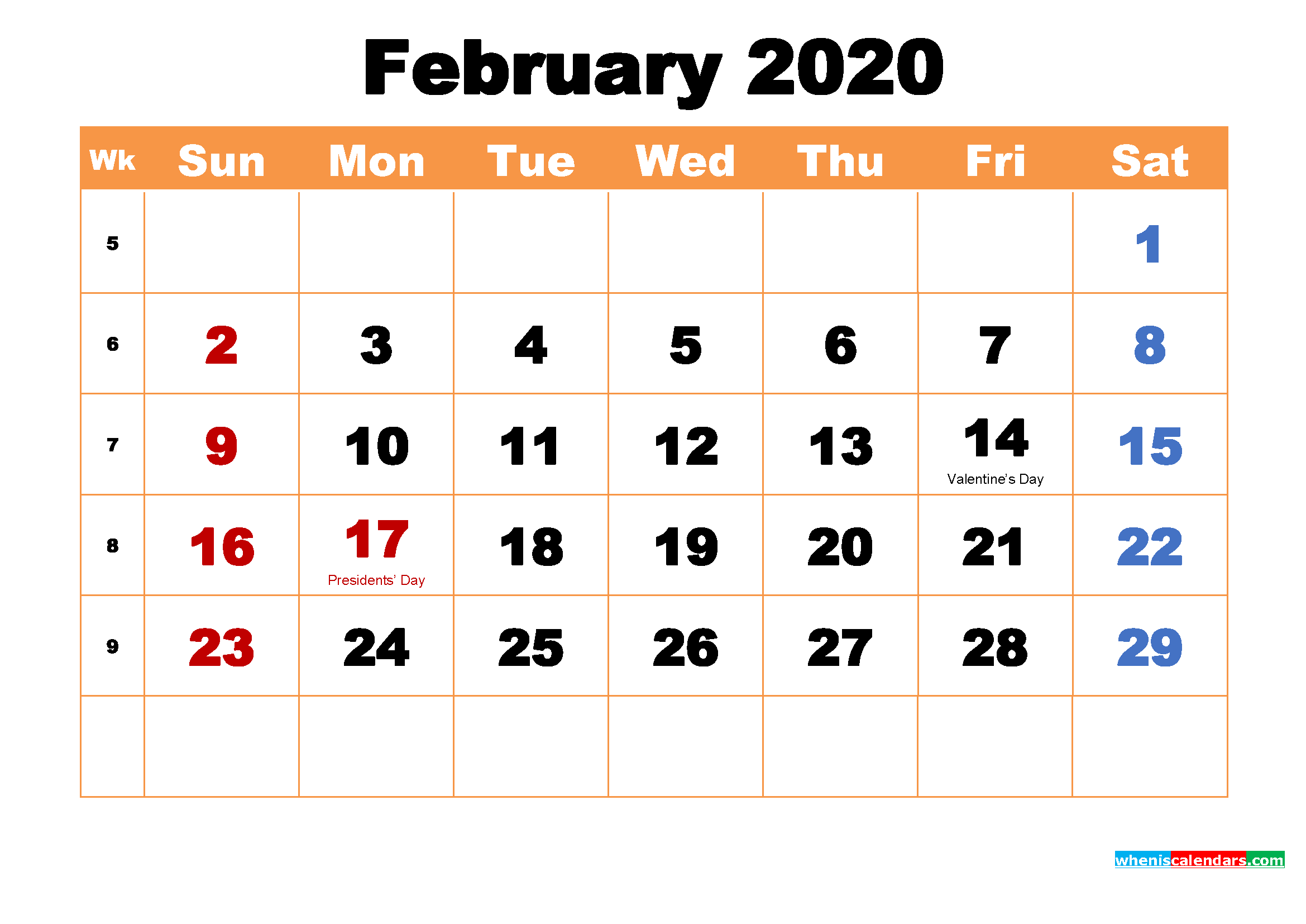 February 2020 Printable Monthly Calendar With Holidays