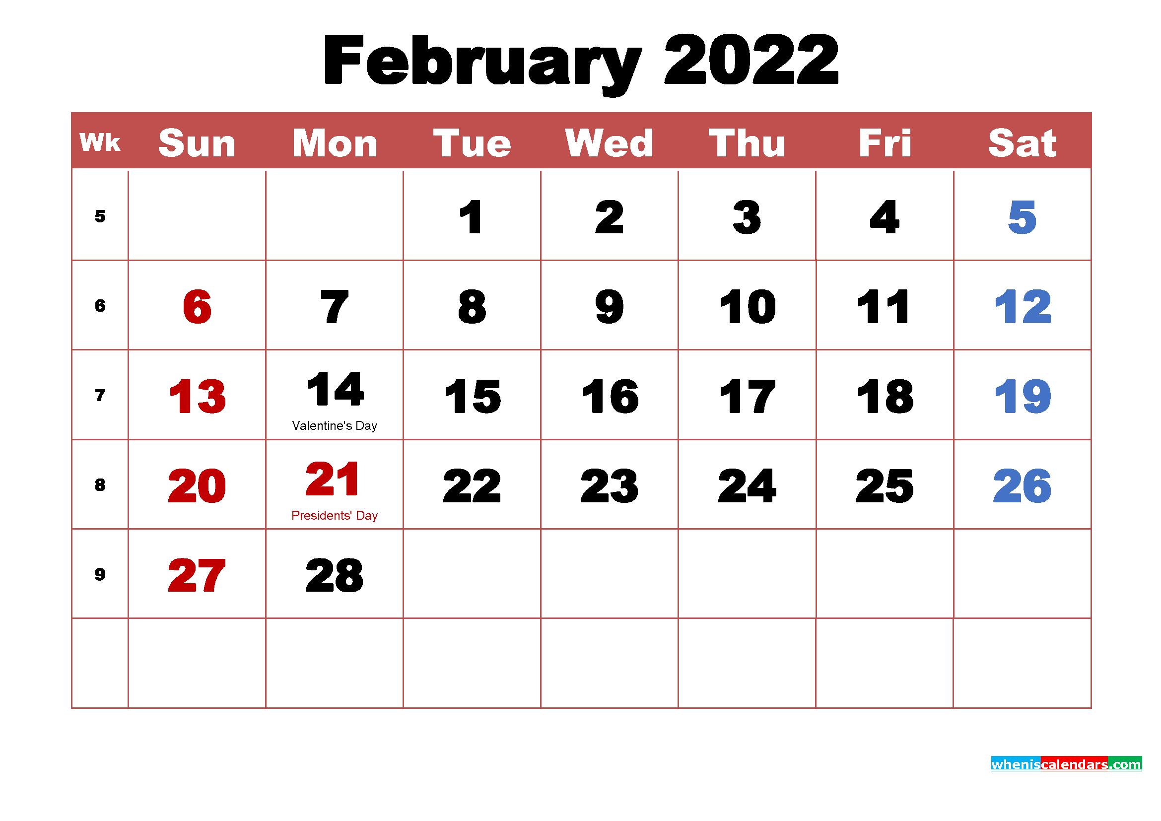 Printable February 2022 Calendar With Holidays Word Pdf