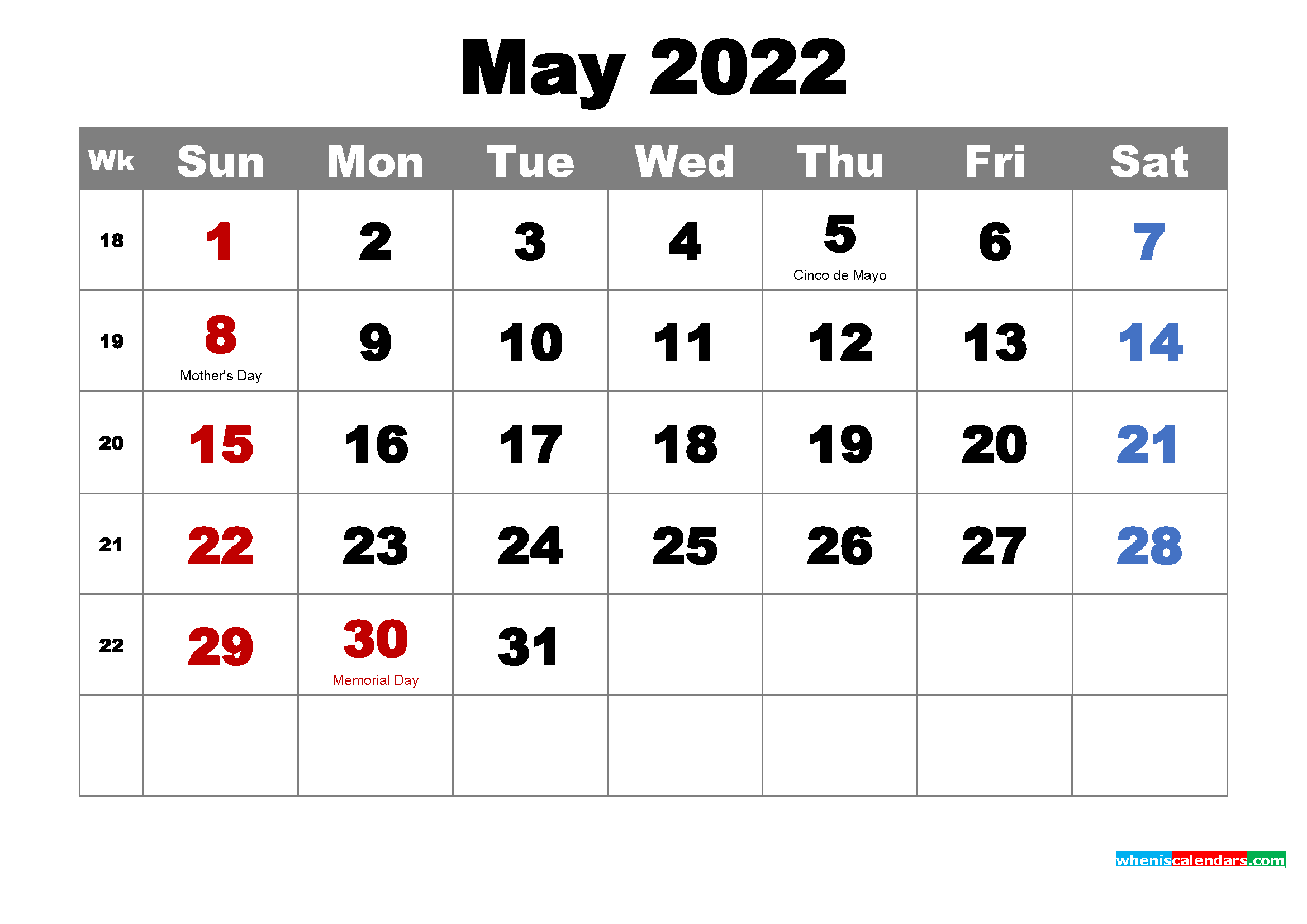 Free Printable May 2022 Calendar With Holidays As Word Pdf