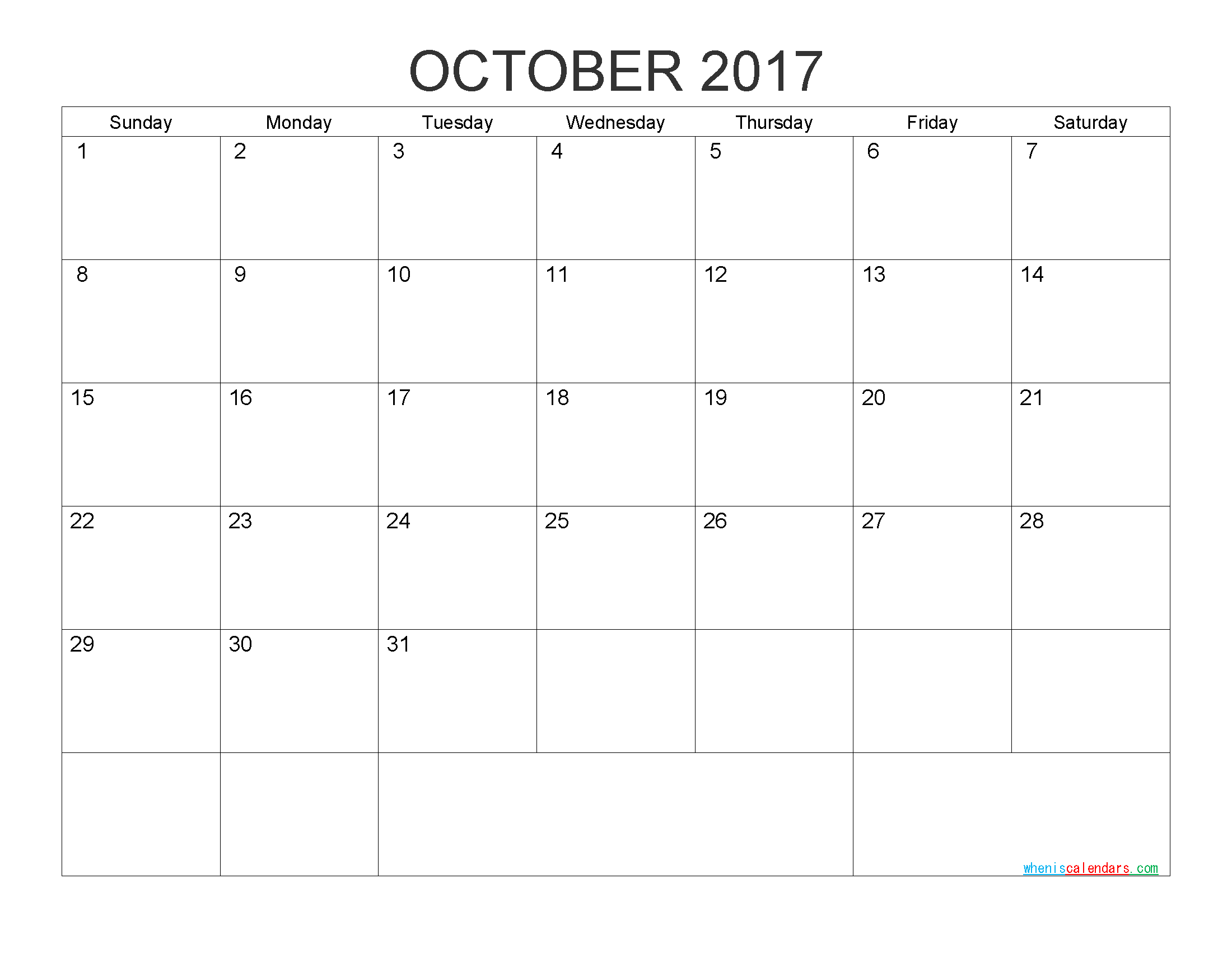 Free Printable Calendar October 2017 Monthly Calendar Template by PDF, Image