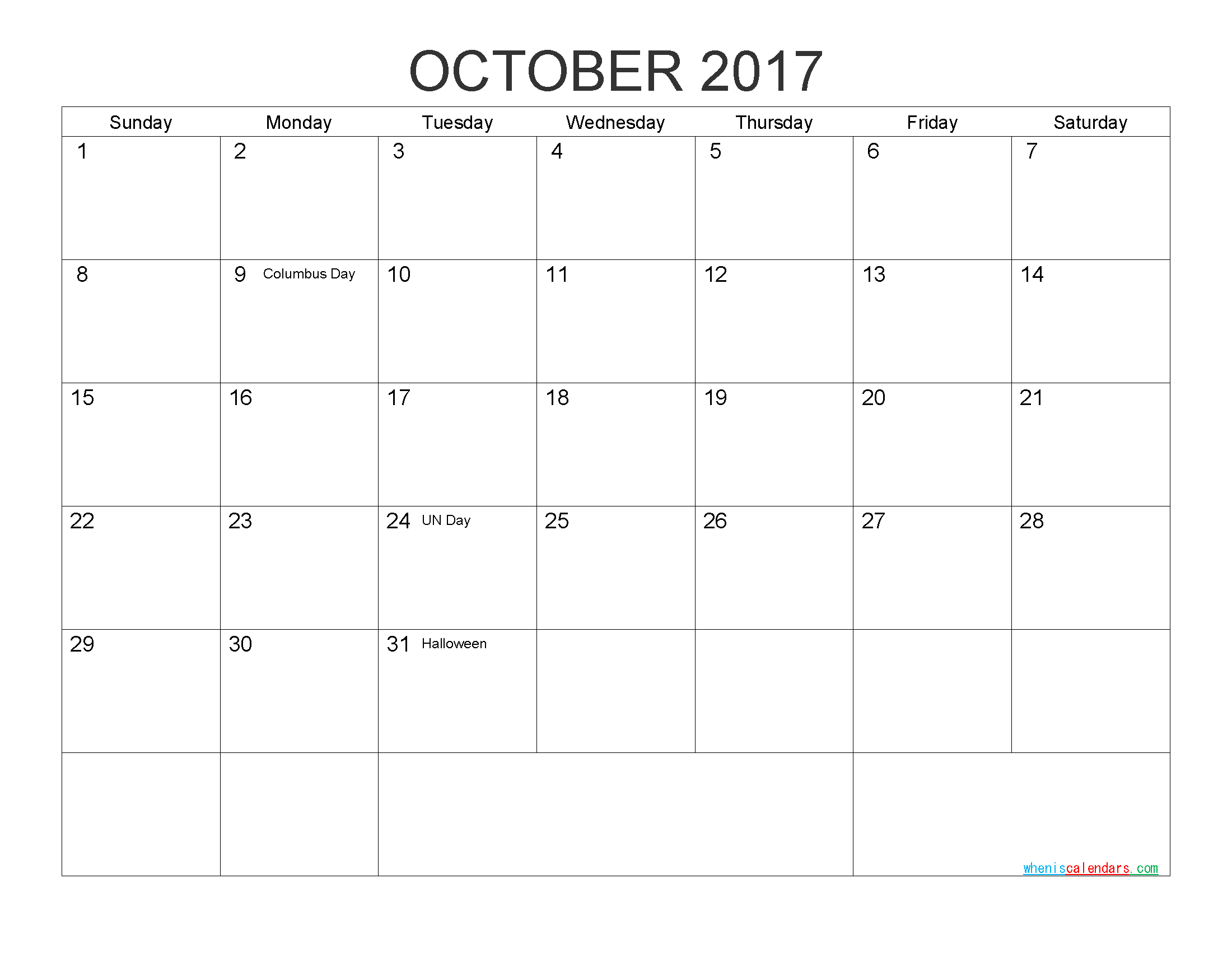 Free Printable Calendar October 2017 as PDF and Image