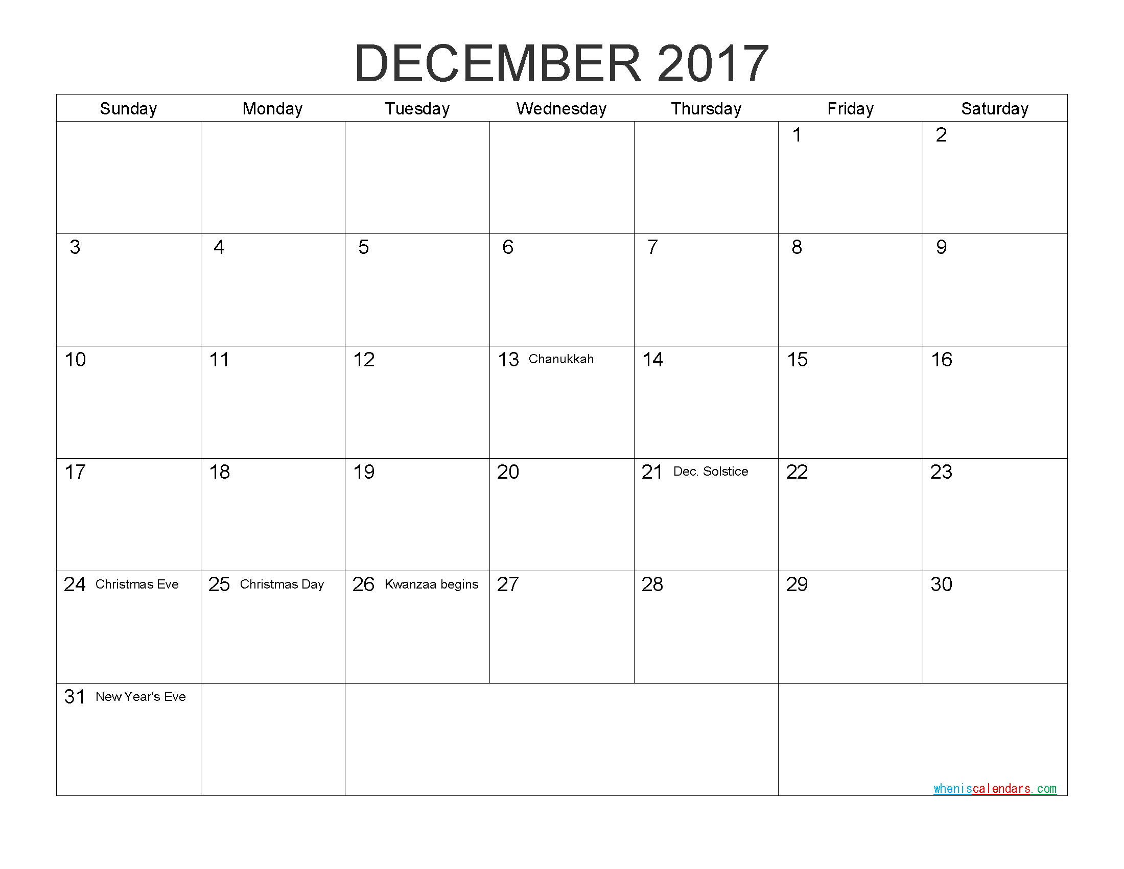 Download Free Calendar December 2017 Printable Calendar with Holidays as PDF and Image