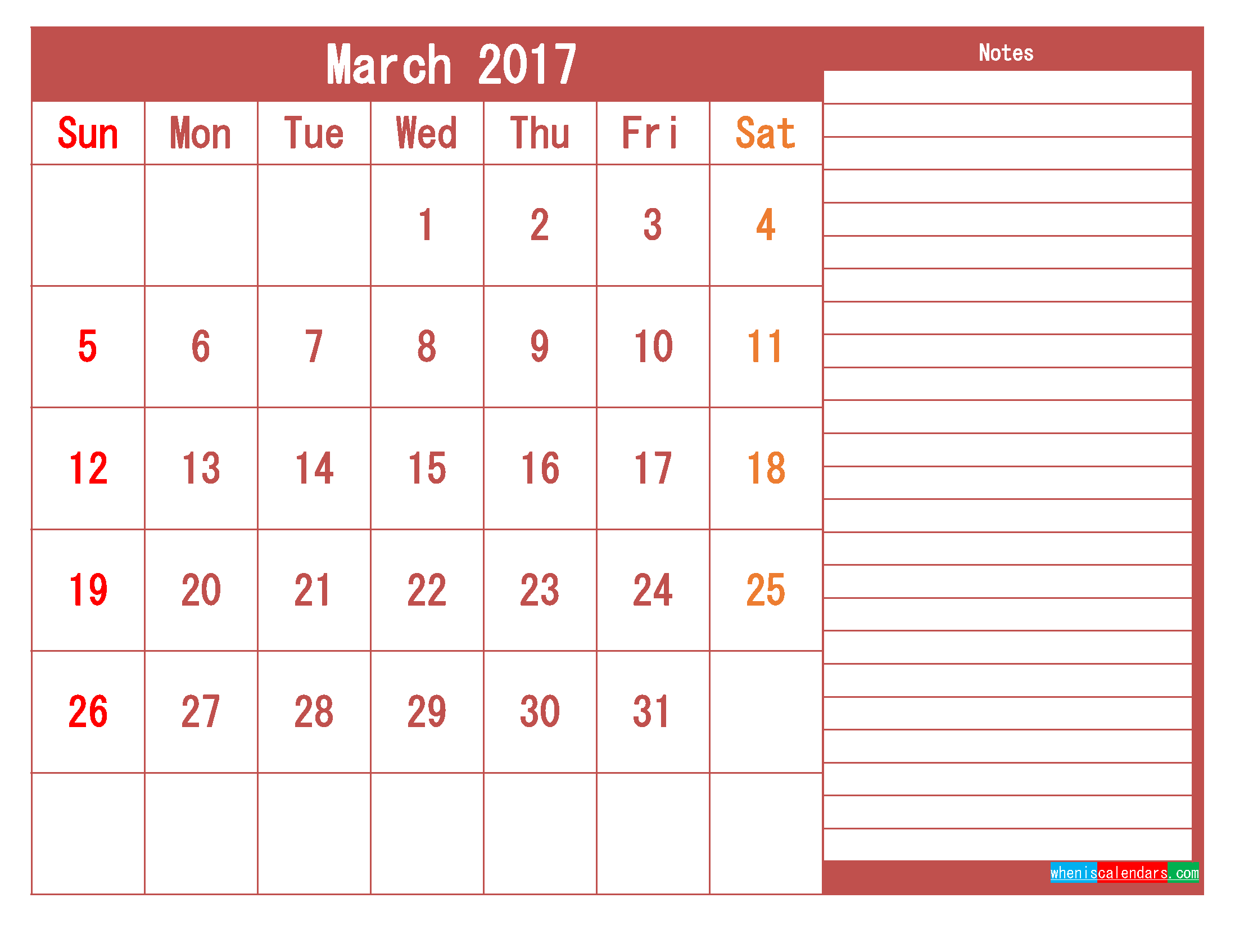 Free Download March 2017 Printable Calendar Template PDF
