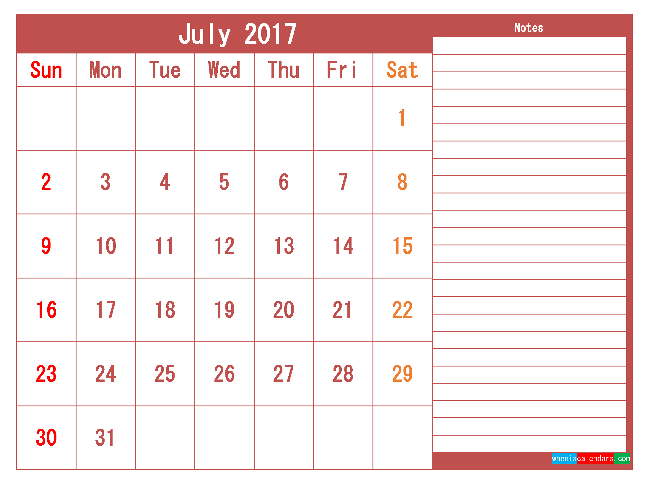 July 2017 Printable Calendar Template As PDF