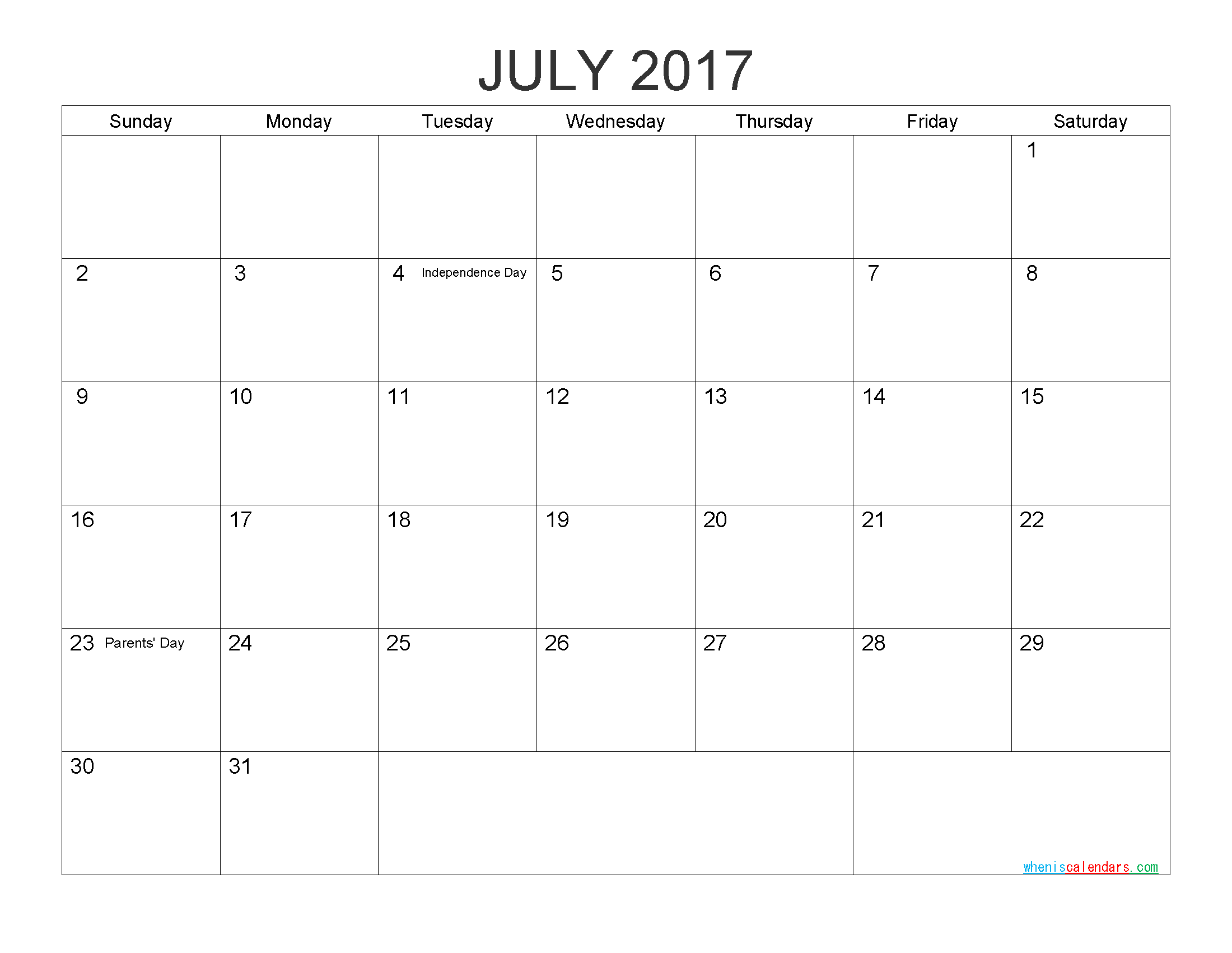 Free Printable Calendar July 2017 As PDF And Image
