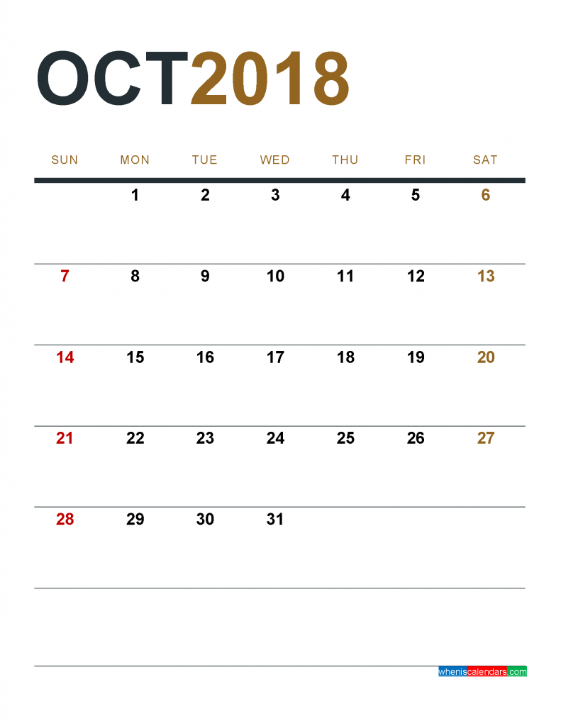 October 2018 Calendar Printable as PDF and Image 1 Month 1 Page