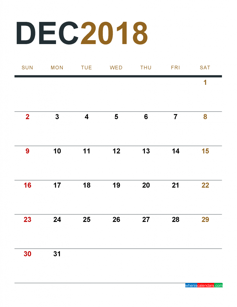 December 2018 Calendar Printable as PDF and Image 1 Month 1 Page