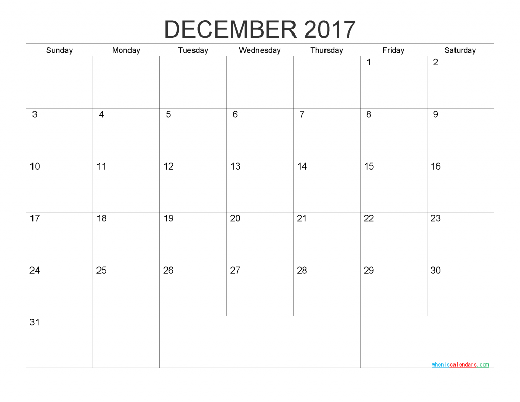 December 2017 Blank Calendar Printable PDF, Word, Image