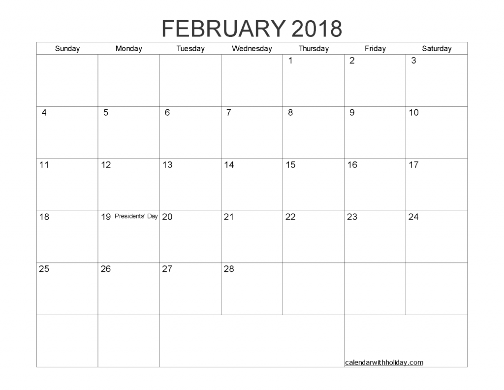 Printable Calendar February 2018 with Holidays PDF, Image