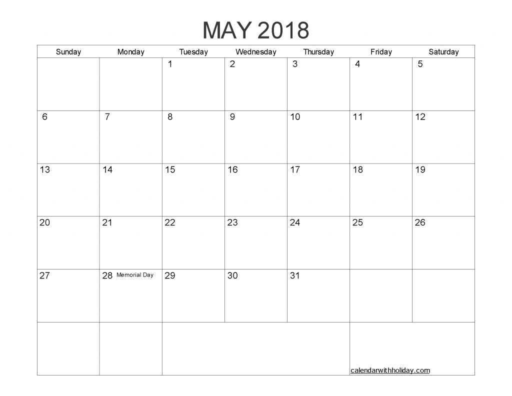 Printable Calendar May 2018 with Holidays PDF, Image