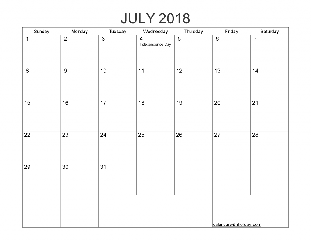 Printable Calendar July 2018 with Holidays PDF, Image