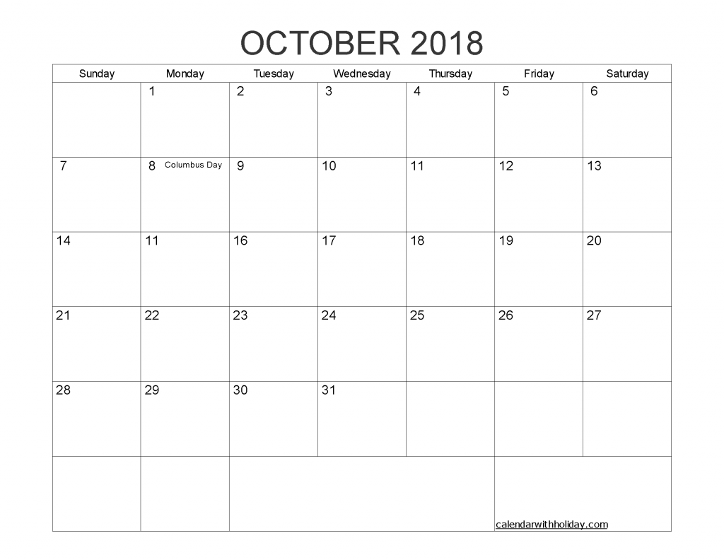 Printable Calendar October 2018 with Holidays PDF, Image