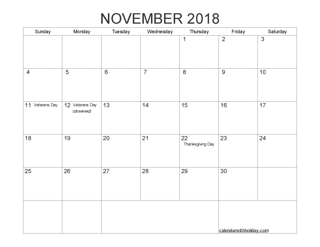 Printable Calendar November 2018 With Holidays Pdf Image