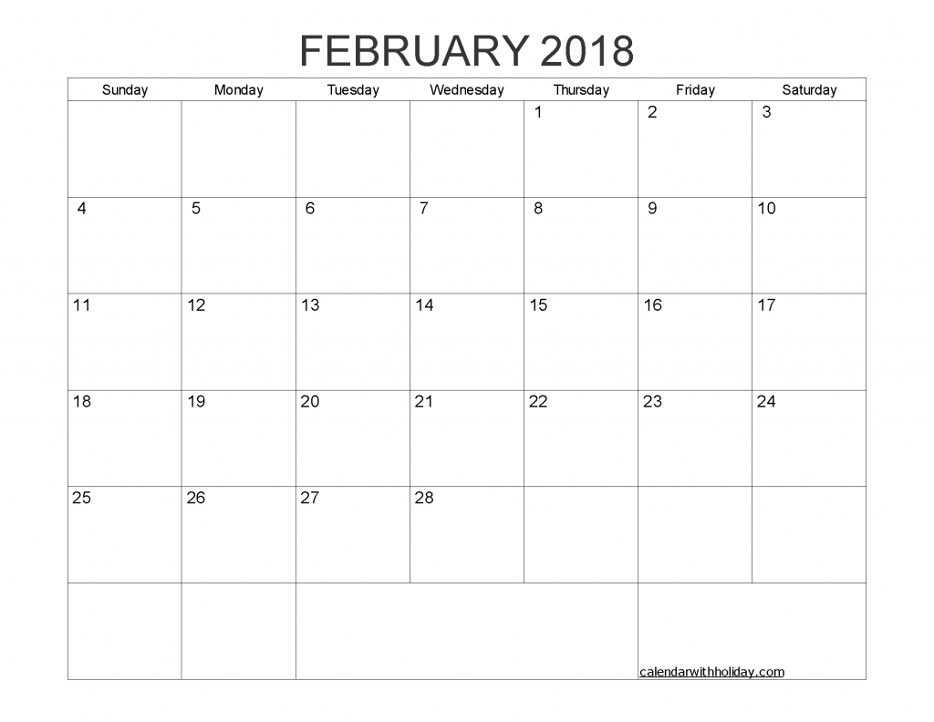 Blank Calendar February 2018 Printable 1 Month Calendar Template