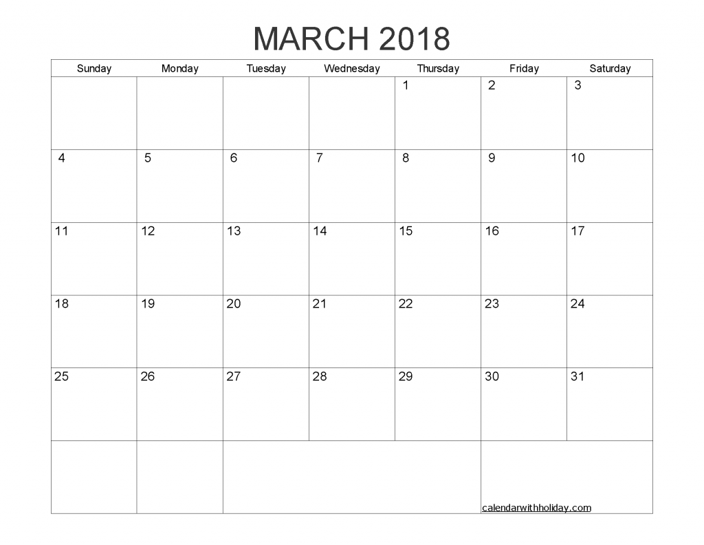 Blank Calendar March 2018 Printable 1 Month Calendar Template