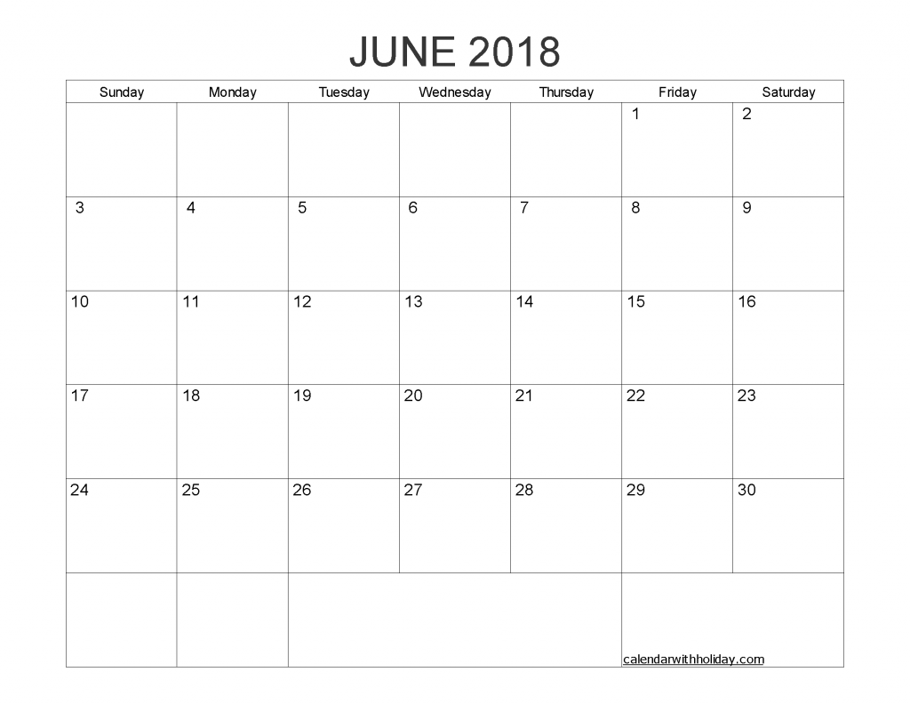 Blank Calendar June 2018 Printable 1 Month Calendar Template