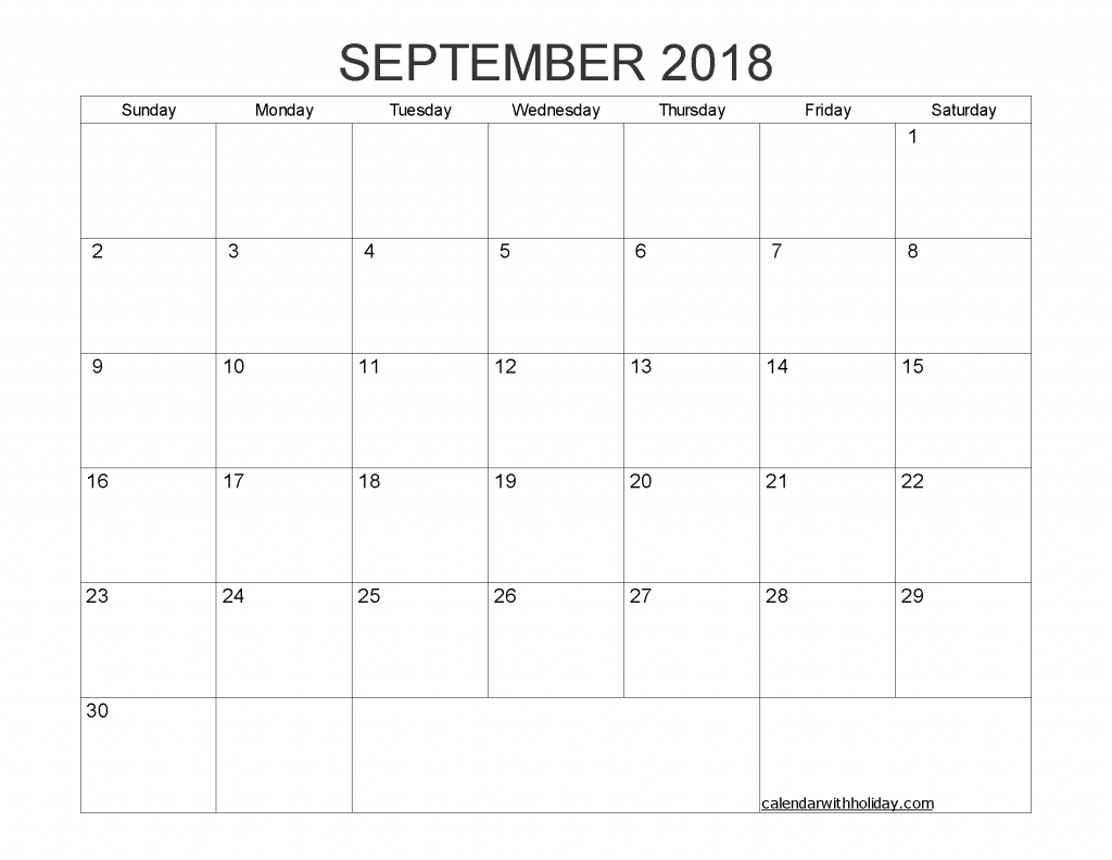 Blank Calendar September 2018 Printable 1 Month Calendar Template