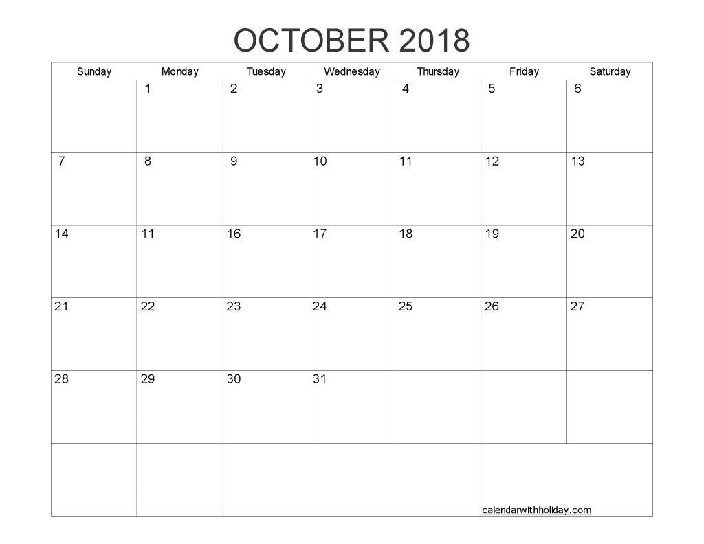 Blank Calendar October 2018 Printable 1 Month Calendar Template