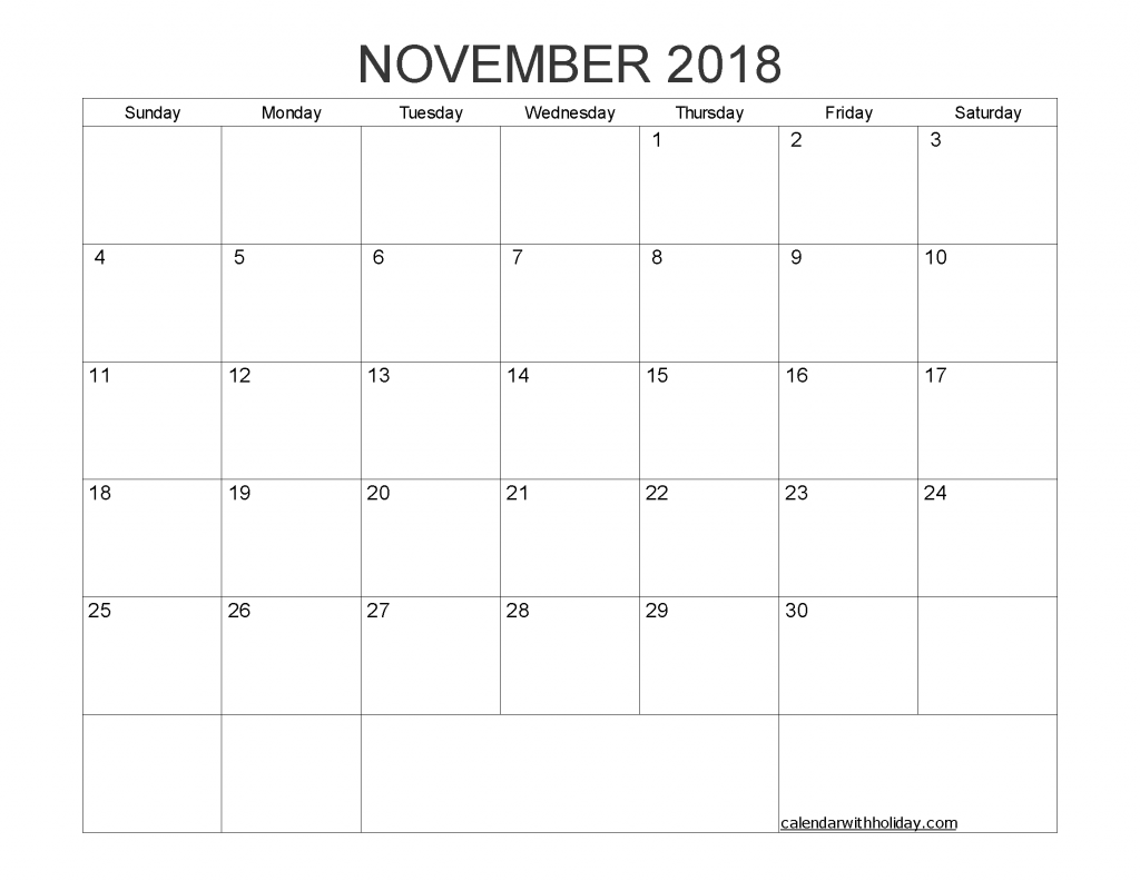 Blank Calendar November 2018 Printable 1 Month Calendar Template