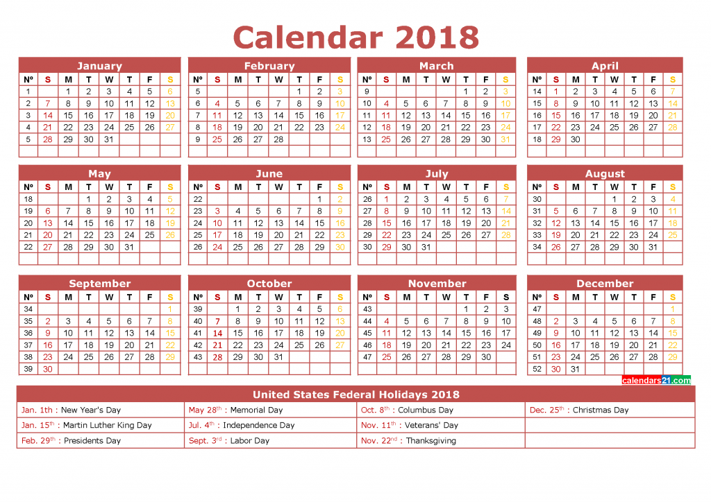  12 month 2018 Calendar with Week Numbers Printable