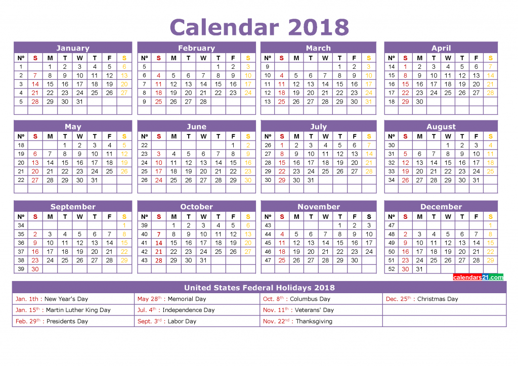 Printable Calendar 2018 with Holidays Full Year Calendar Template