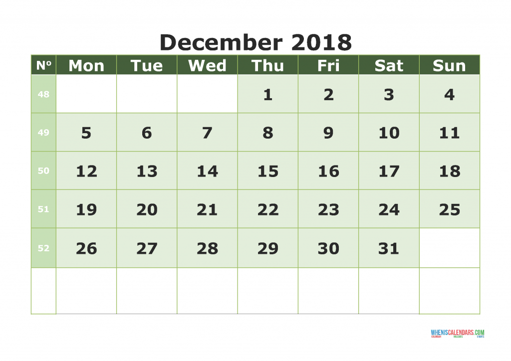 Printable Calendar December 2018 with week numbers, week day begin on Monday