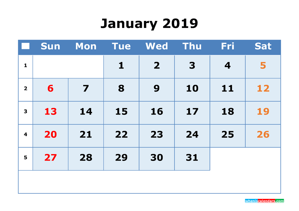 January 2019 Printable Calendar with Week Numbers as PDF, JPG