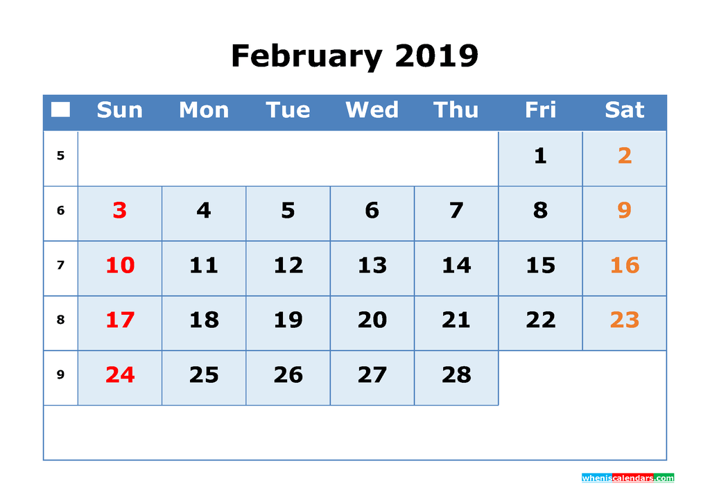 February 2019 Printable Calendar with Week Numbers as PDF, JPG