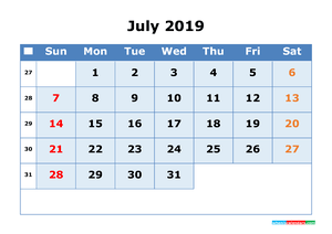 July 2019 Printable Calendar with Week Numbers for Free Download