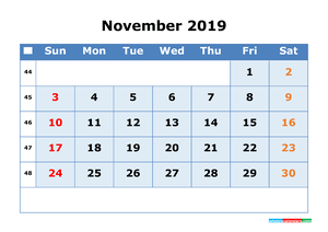 November 2019 Printable Calendar with Week Numbers for Free Download