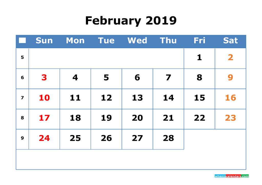 Printable Calendar 2019 February With Week Number
