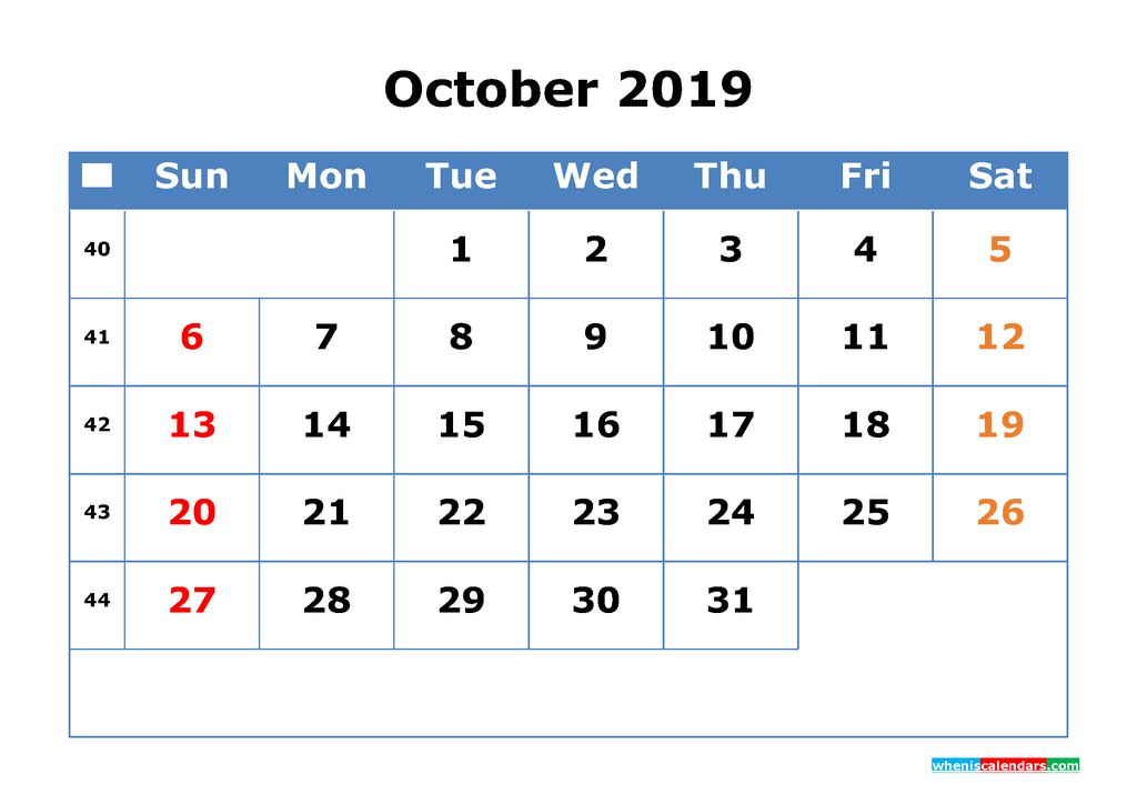Printable Calendar 2019 October for Free Download as PDF, JPG
