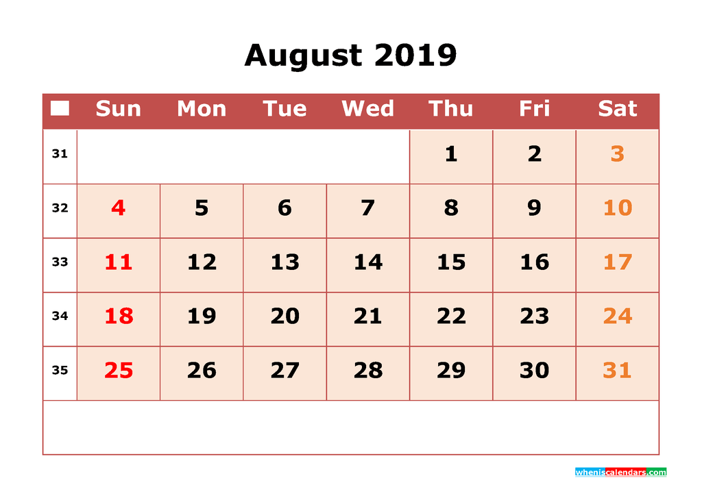 Get Free August 2019 Printable Calendar with Week Numbers as PDF, Image