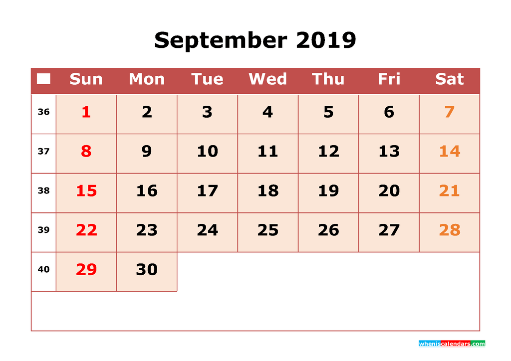 Get Free September 2019 Printable Calendar with Week Numbers as PDF, Image