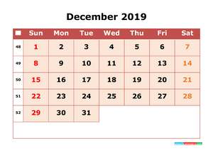 December 2019 Printable Calendar with Week Numbers for Free Download
