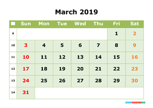 March 2019 Printable Calendar with Week Numbers for Free Download