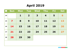 April 2019 Printable Calendar with Week Numbers for Free Download