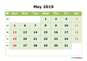 May 2019 Printable Calendar with Week Numbers for Free Download