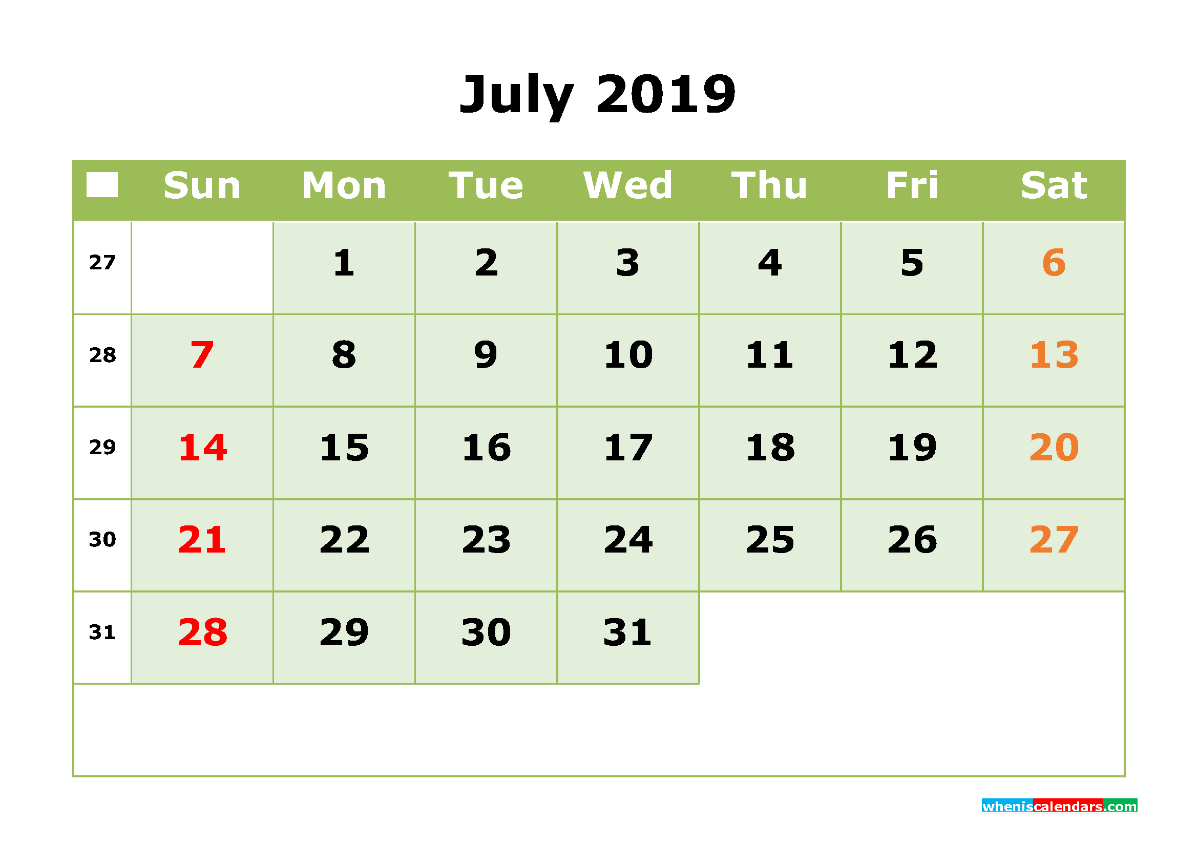 2019 Calendar Monthly Template