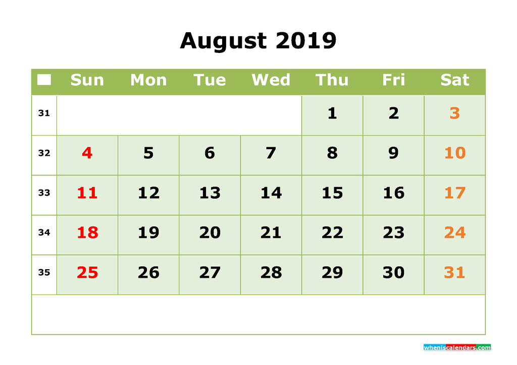 August 2019 Printable Calendar Month by Month Calendar Template