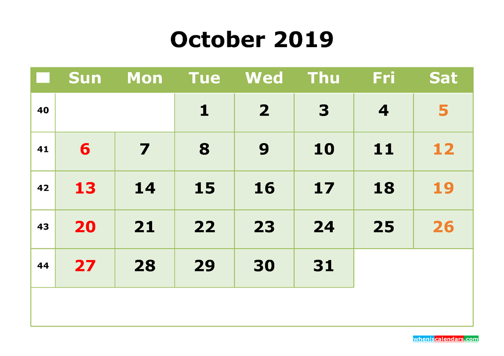October 2019 Printable Calendar Month by Month Calendar Template
