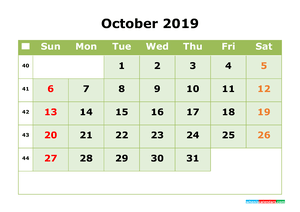 October 2019 Printable Calendar with Week Numbers for Free Download