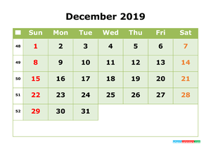 December 2019 Printable Calendar with Week Numbers for Free Download