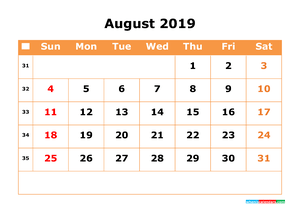 August 2019 Printable Calendar with Week Numbers for Free Download