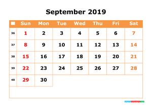 September 2019 Printable Calendar with Week Numbers for Free Download