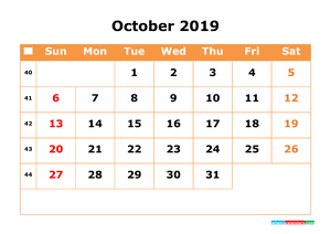October 2019 Printable Calendar with Week Numbers for Free Download